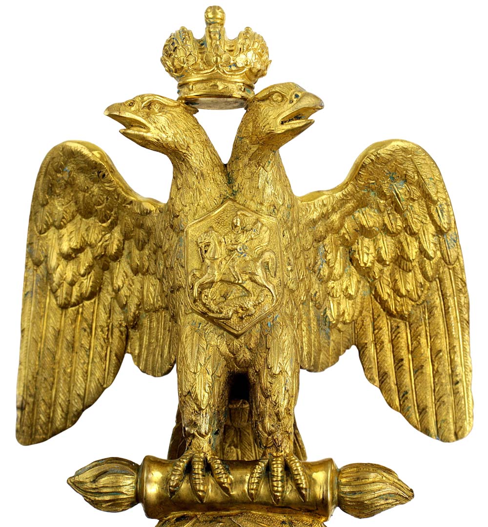Magnificent Rare Imperial Russian Navy Guards Crew Flag Banner Top, Gilt Bronze Crowned Eagle with Large Saint George Enamel Cross Order