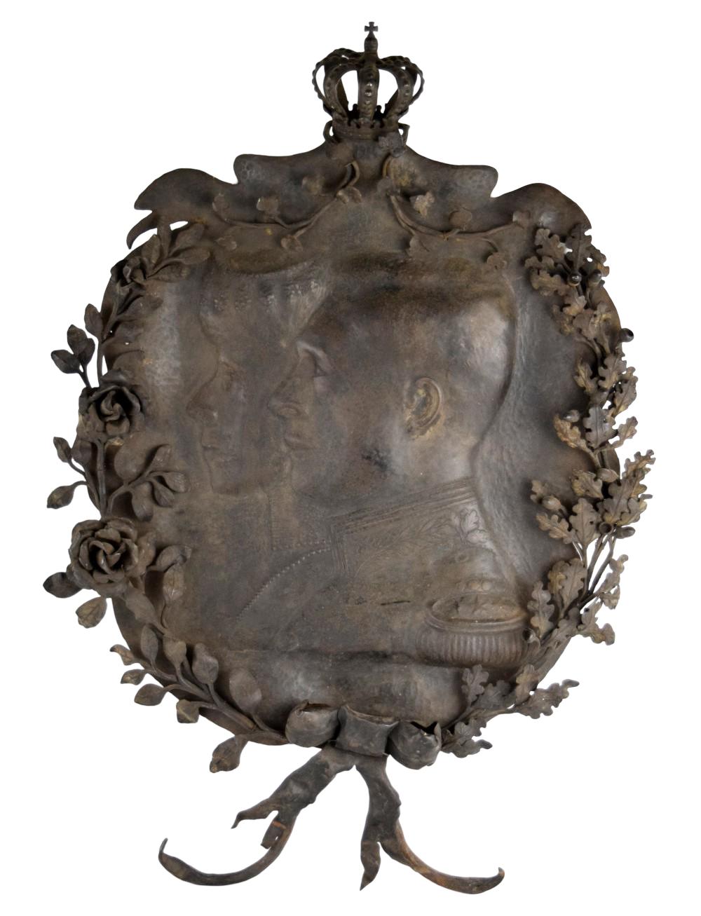 Antique 1914 Large Metal Plaque features the profiles of King Albert I and Queen Elisabeth of Bavaria