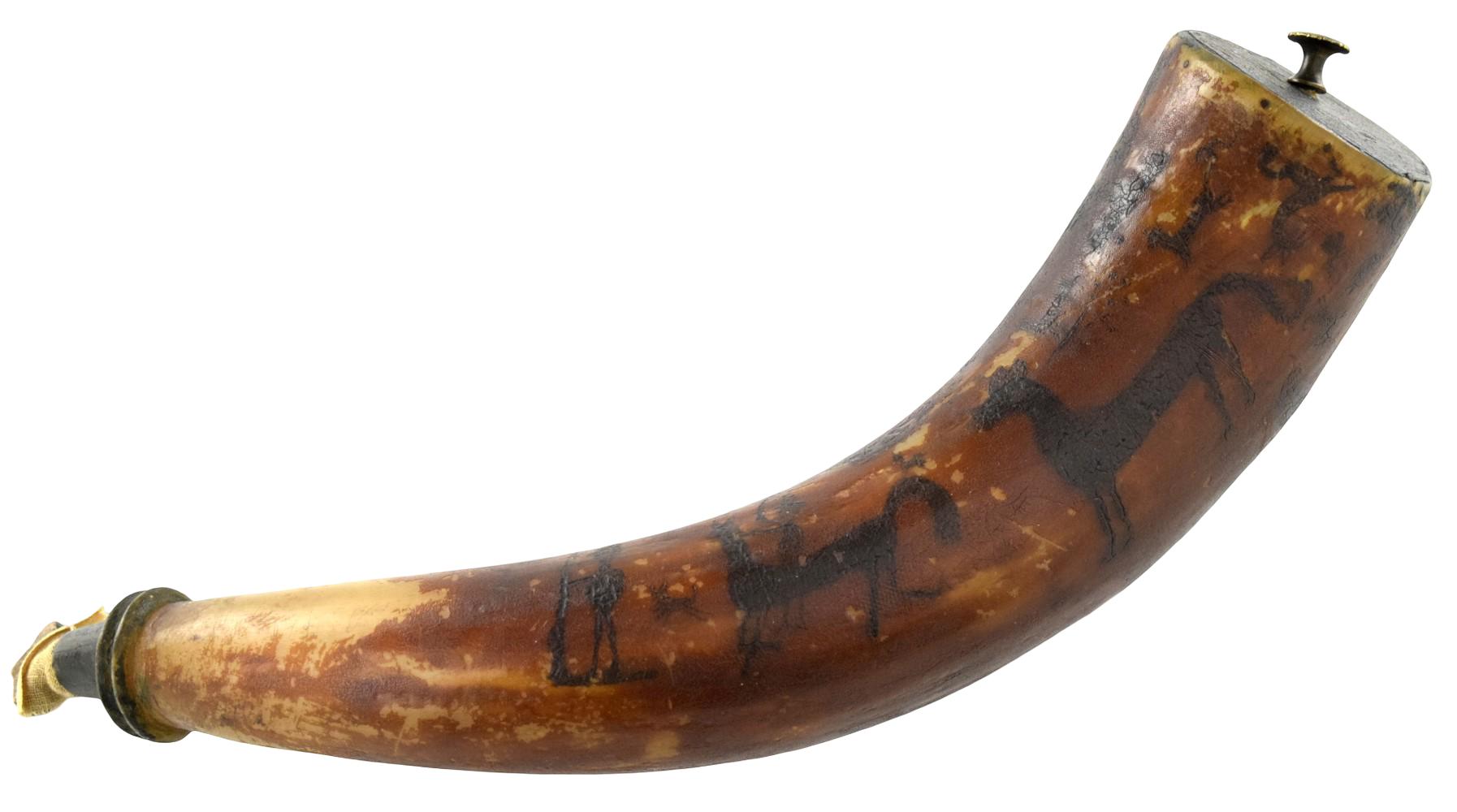 Early Engraved And Darkened Animal Figures Powder Horn