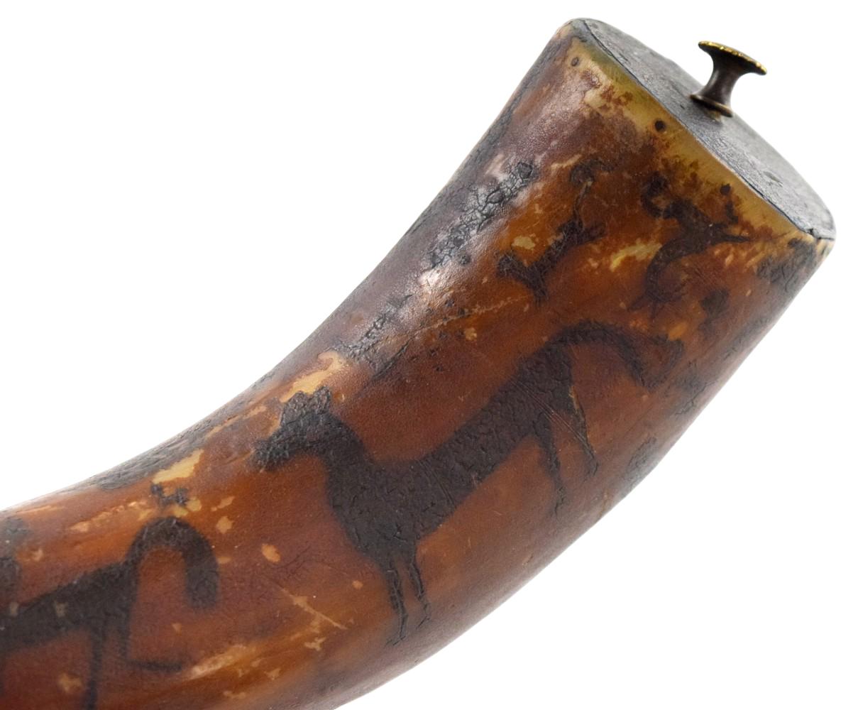 Early Engraved And Darkened Animal Figures Powder Horn