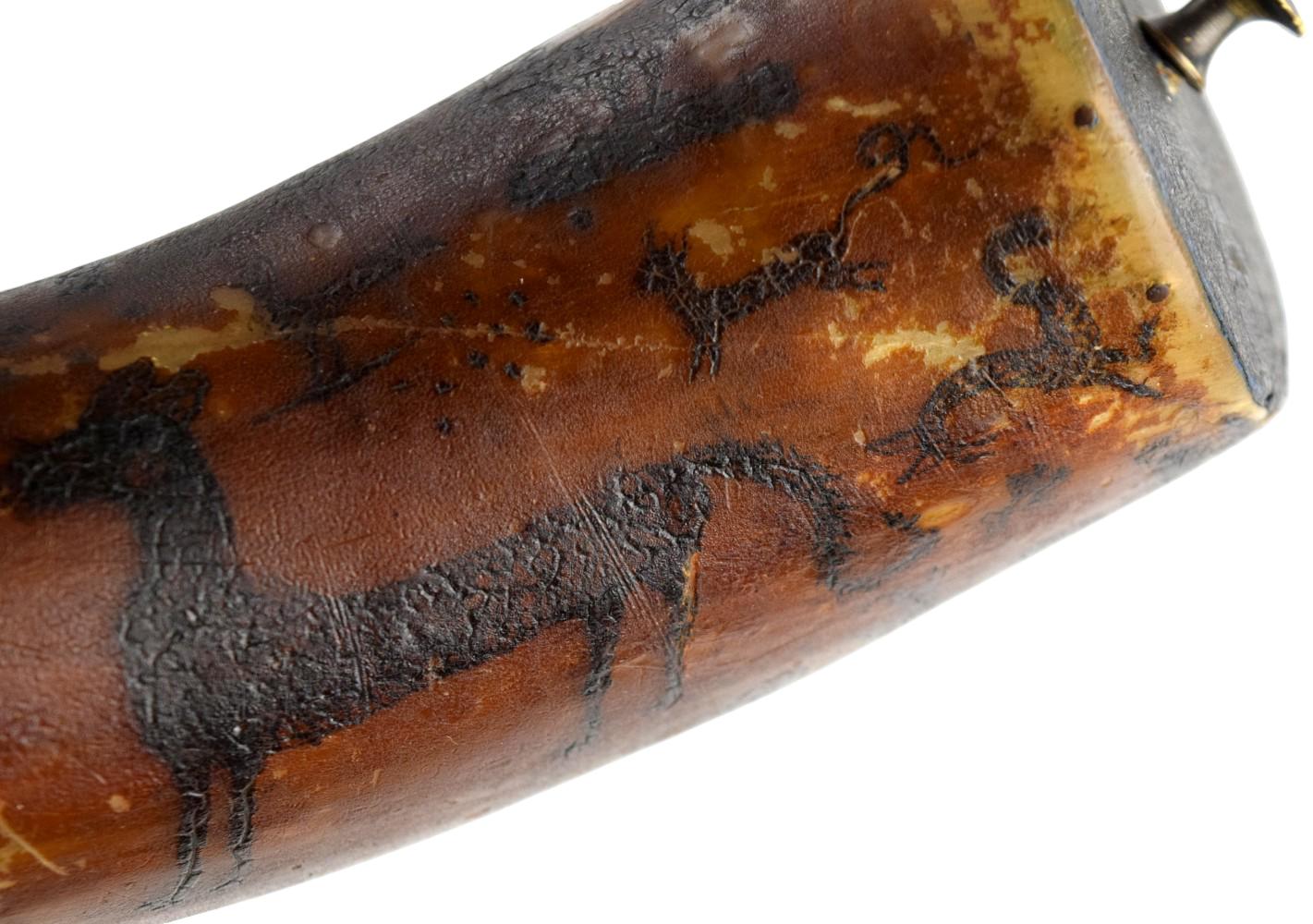 Early Engraved And Darkened Animal Figures Powder Horn