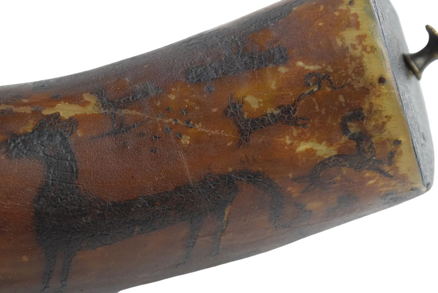 Early Engraved And Darkened Animal Figures Powder Horn