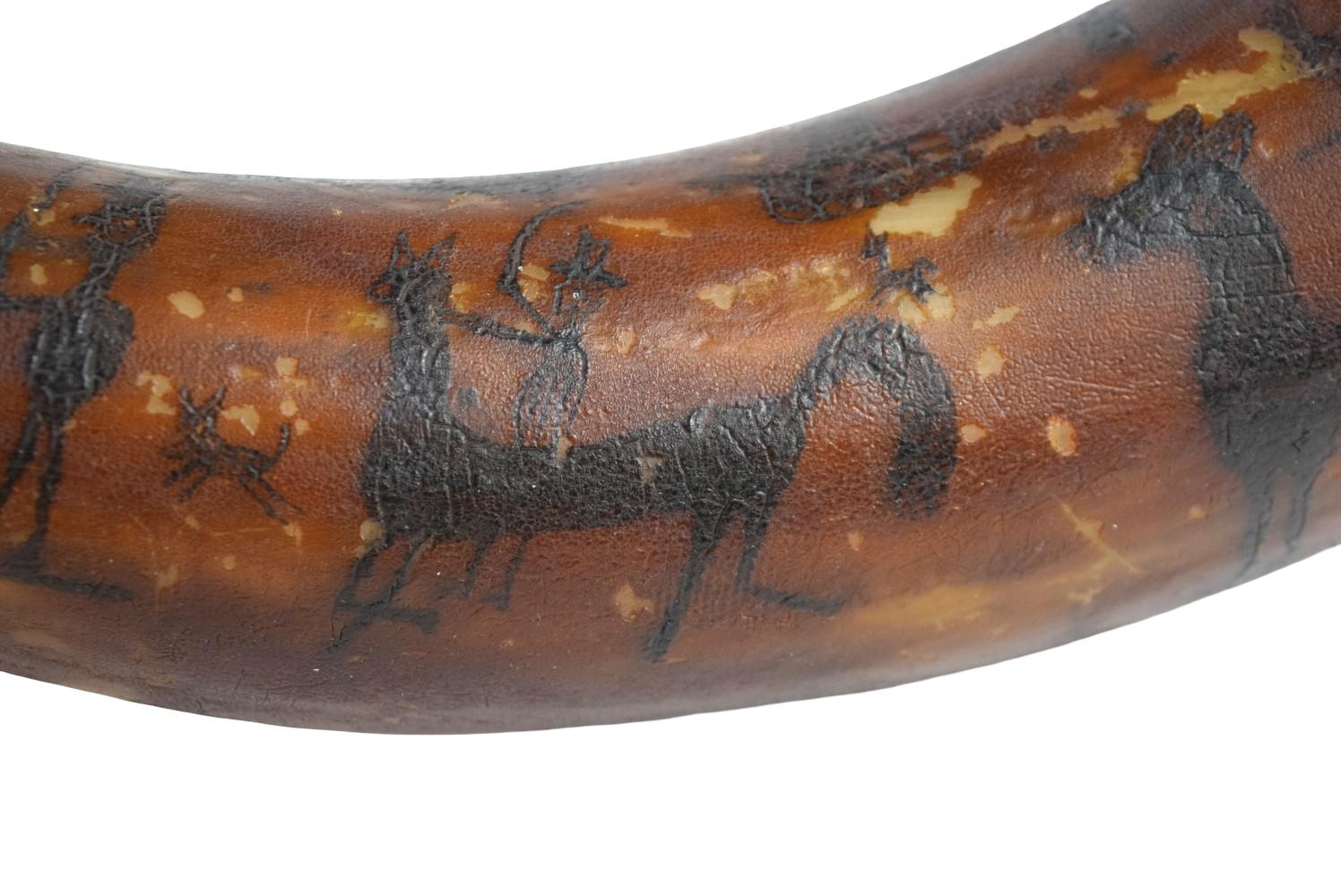 Early Engraved And Darkened Animal Figures Powder Horn