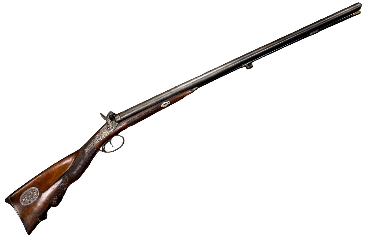 Fine Mid-19th Century Spanish Eibar Damascus Barrel Percussion Sporting Rifle with Gold Damascened Lock