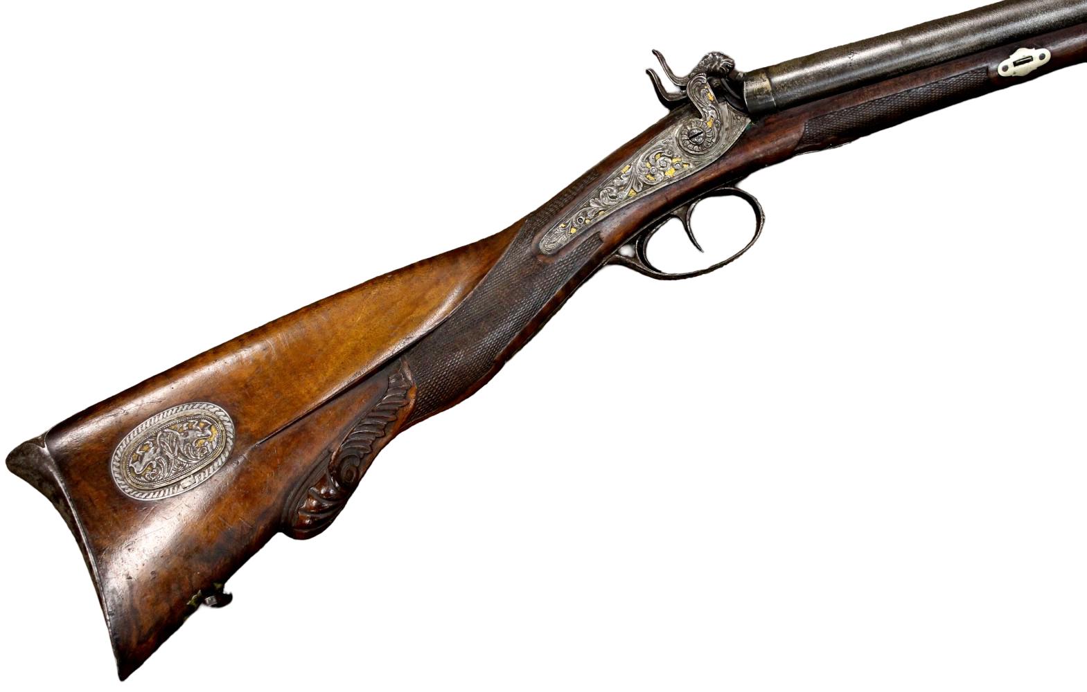 Fine Mid-19th Century Spanish Eibar Damascus Barrel Percussion Sporting Rifle with Gold Damascened Lock