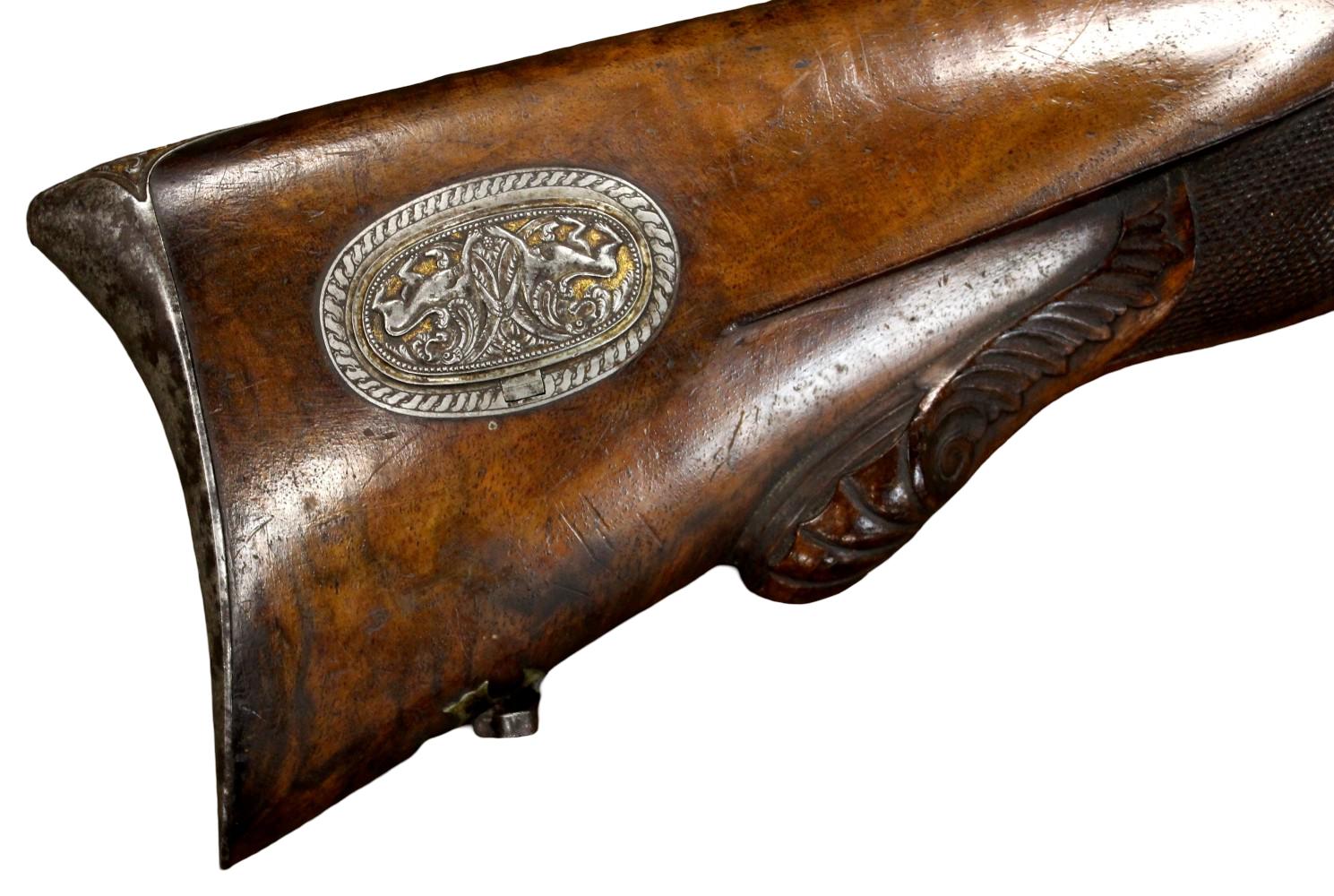 Fine Mid-19th Century Spanish Eibar Damascus Barrel Percussion Sporting Rifle with Gold Damascened Lock