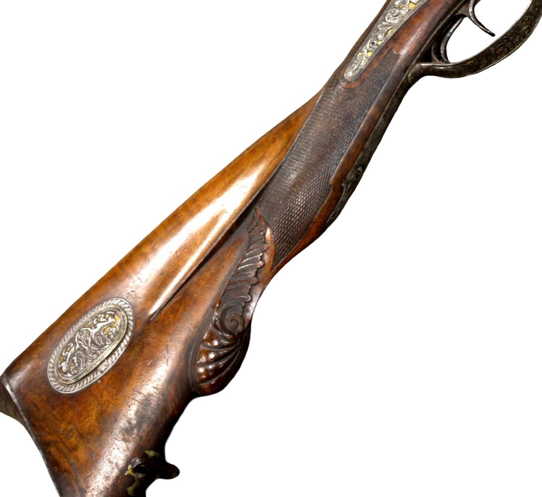 Fine Mid-19th Century Spanish Eibar Damascus Barrel Percussion Sporting Rifle with Gold Damascened Lock