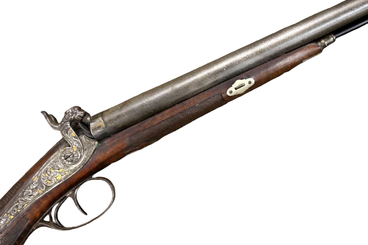 Fine Mid-19th Century Spanish Eibar Damascus Barrel Percussion Sporting Rifle with Gold Damascened Lock
