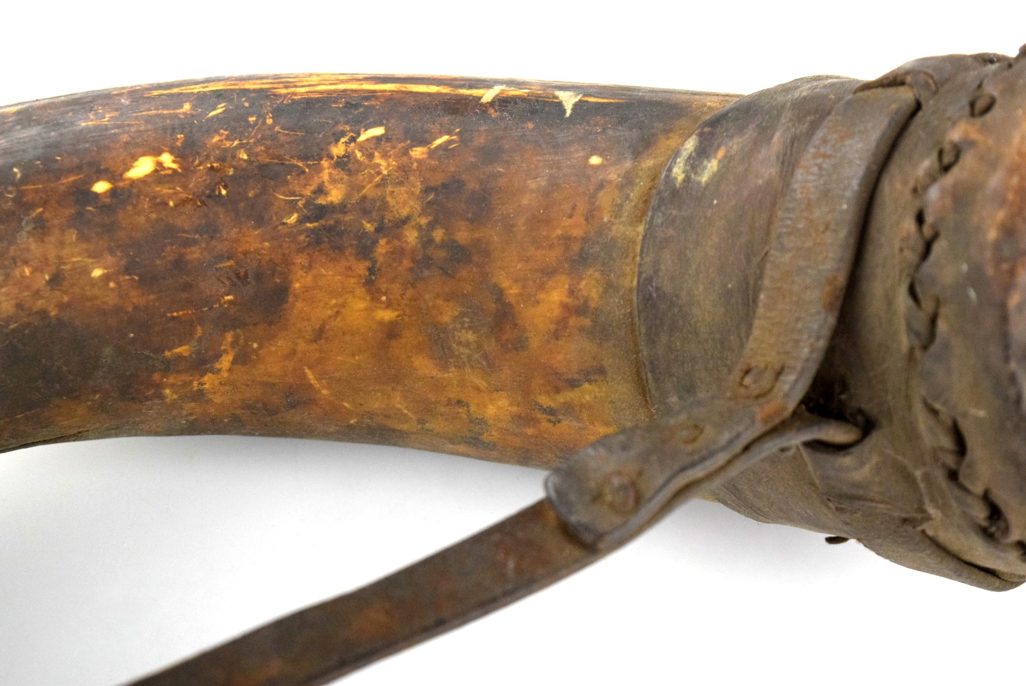 Antique Large Black Powder Horn Flask w/ Leather End-Cap & Carry Strap for Cannon