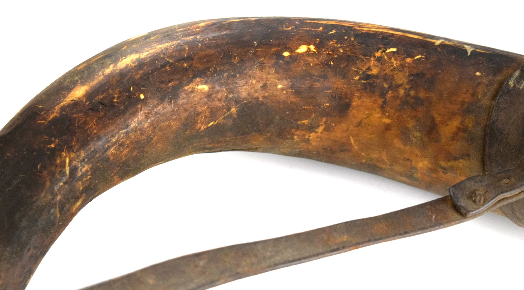 Antique Large Black Powder Horn Flask w/ Leather End-Cap & Carry Strap for Cannon