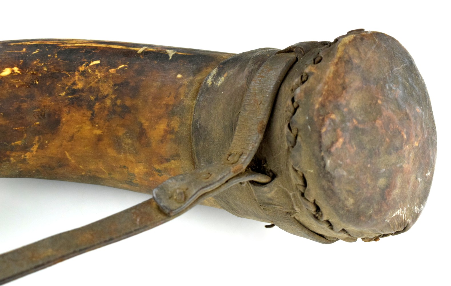 Antique Large Black Powder Horn Flask w/ Leather End-Cap & Carry Strap for Cannon
