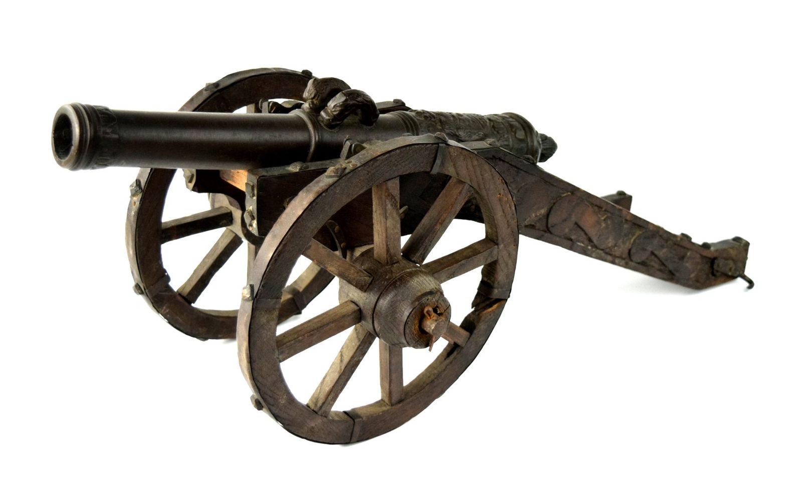 Antique 1630 Dated Bronze Cannon with Relief Cast Crest and Original Wood & Metal Carriage. Intricate Barrel Details Cast in Relief