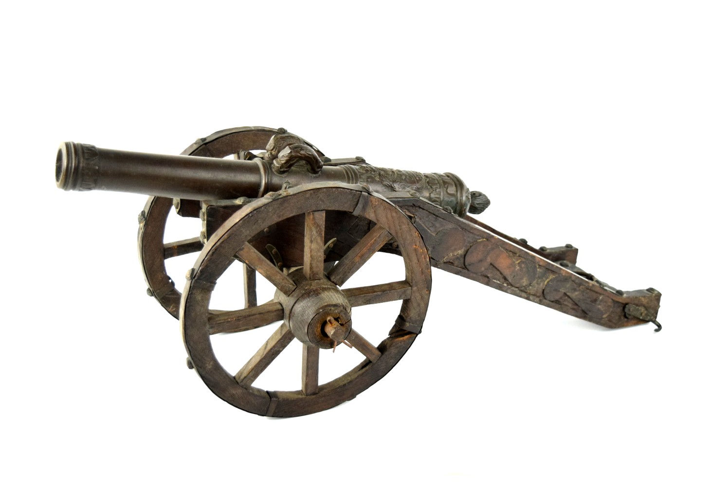 Antique 1630 Dated Bronze Cannon with Relief Cast Crest and Original Wood & Metal Carriage. Intricate Barrel Details Cast in Relief