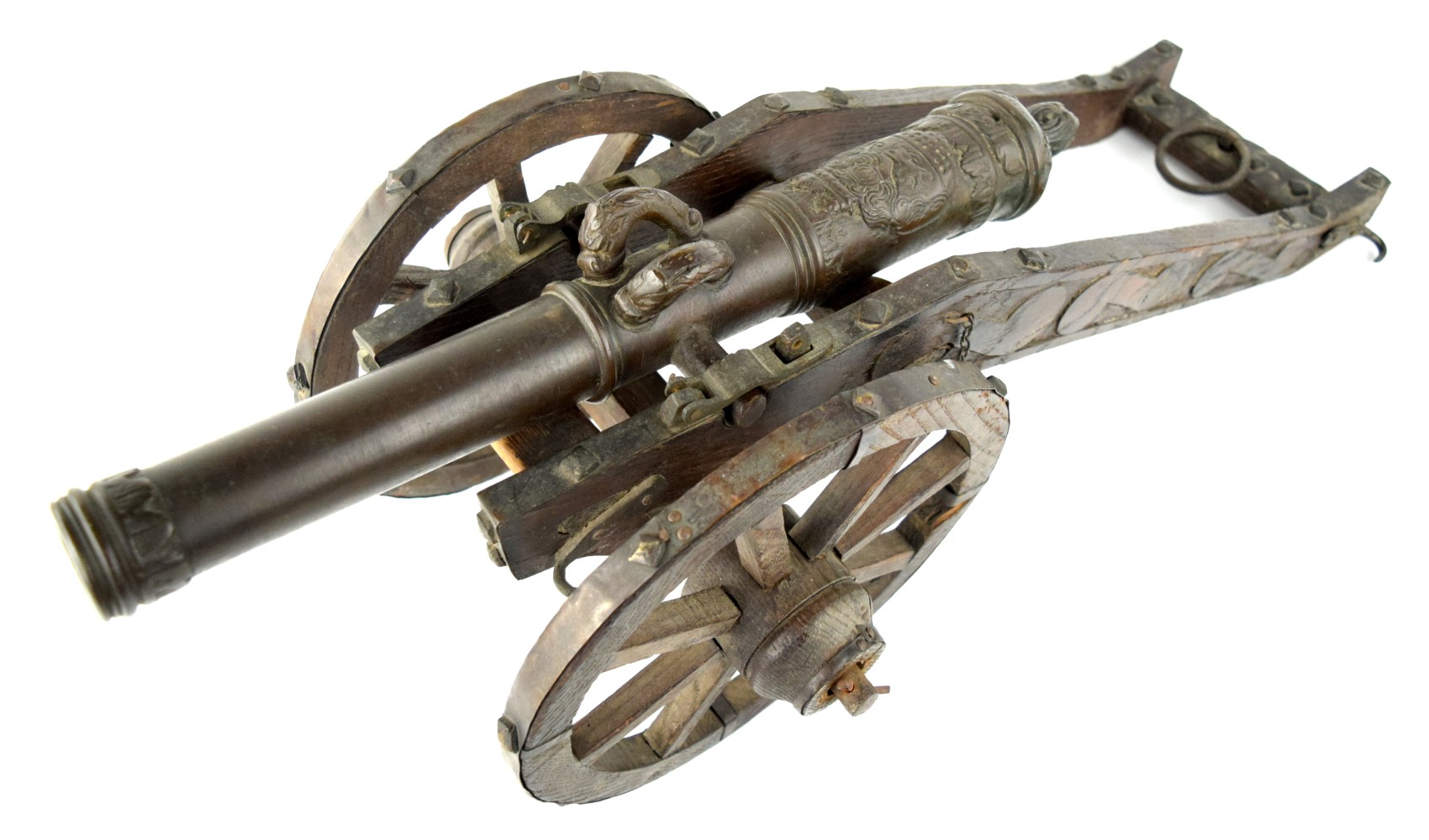 Antique 1630 Dated Bronze Cannon with Relief Cast Crest and Original Wood & Metal Carriage. Intricate Barrel Details Cast in Relief