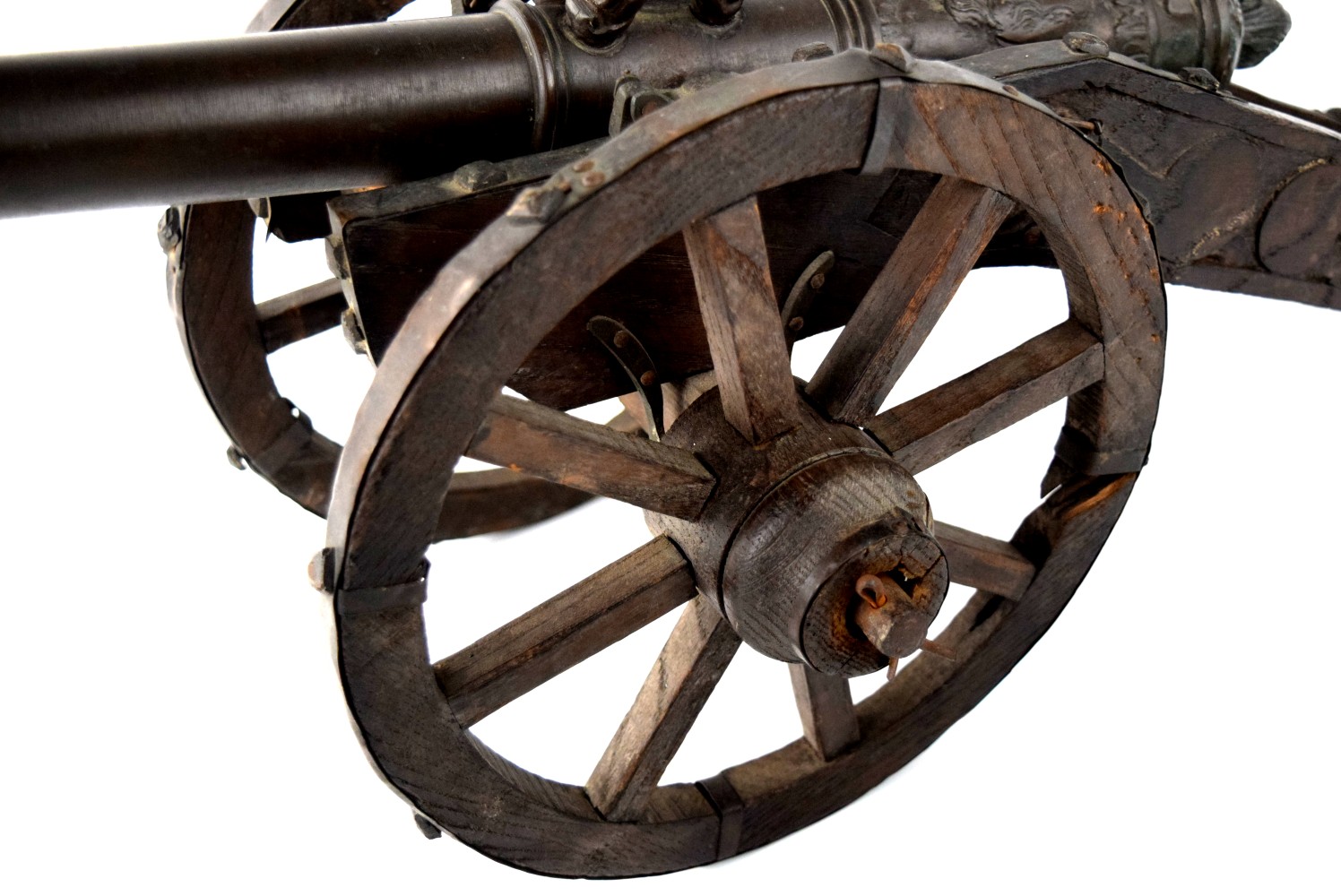 Antique 1630 Dated Bronze Cannon with Relief Cast Crest and Original Wood & Metal Carriage. Intricate Barrel Details Cast in Relief