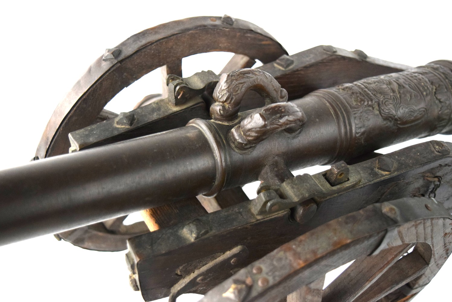 Antique 1630 Dated Bronze Cannon with Relief Cast Crest and Original Wood & Metal Carriage. Intricate Barrel Details Cast in Relief