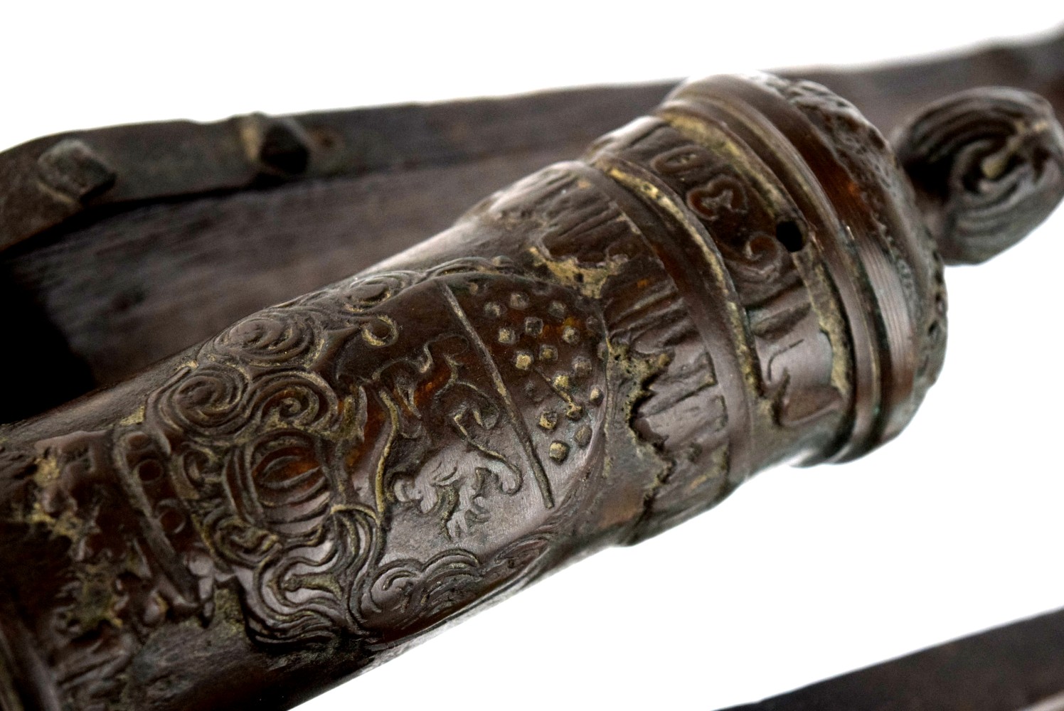 Antique 1630 Dated Bronze Cannon with Relief Cast Crest and Original Wood & Metal Carriage. Intricate Barrel Details Cast in Relief