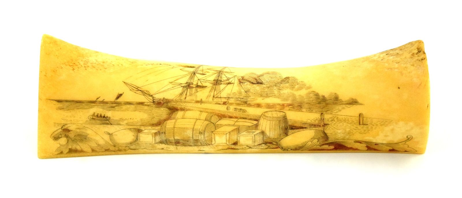 Rare American Civil War era Large Whale Bone with Fine Naval Scrimshaw of a Sail Boat Sailboat Inscribed ''SUSAN 1861''.