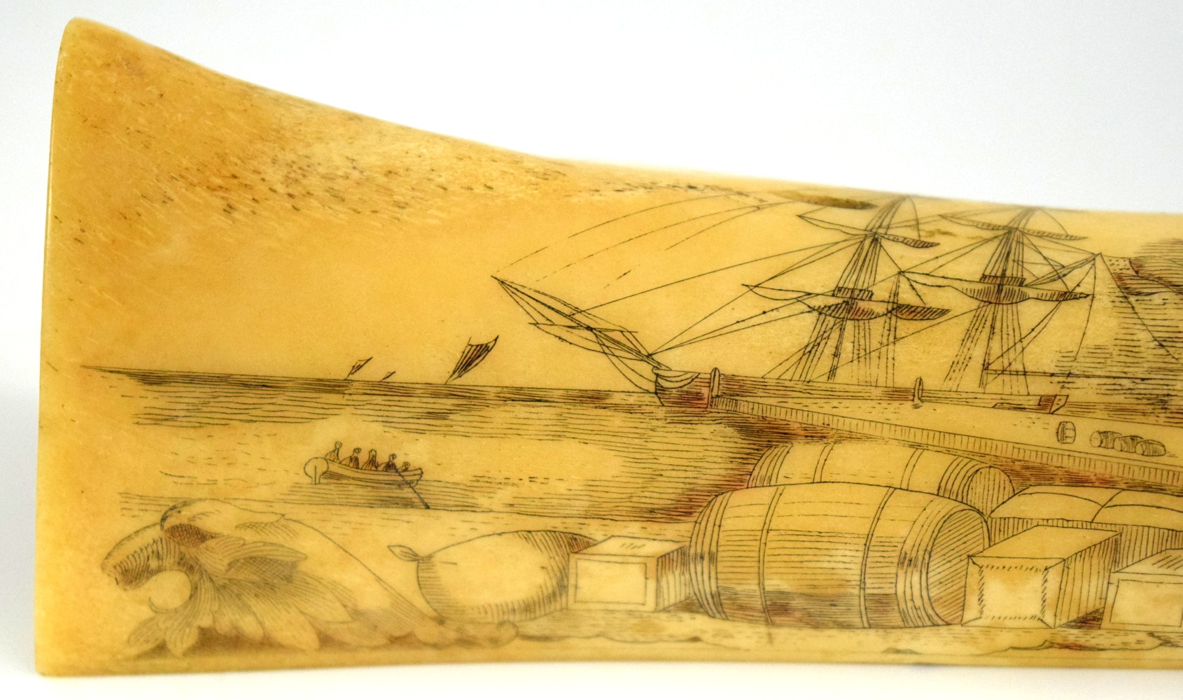 Rare American Civil War era Large Whale Bone with Fine Naval Scrimshaw of a Sail Boat Sailboat Inscribed ''SUSAN 1861''.