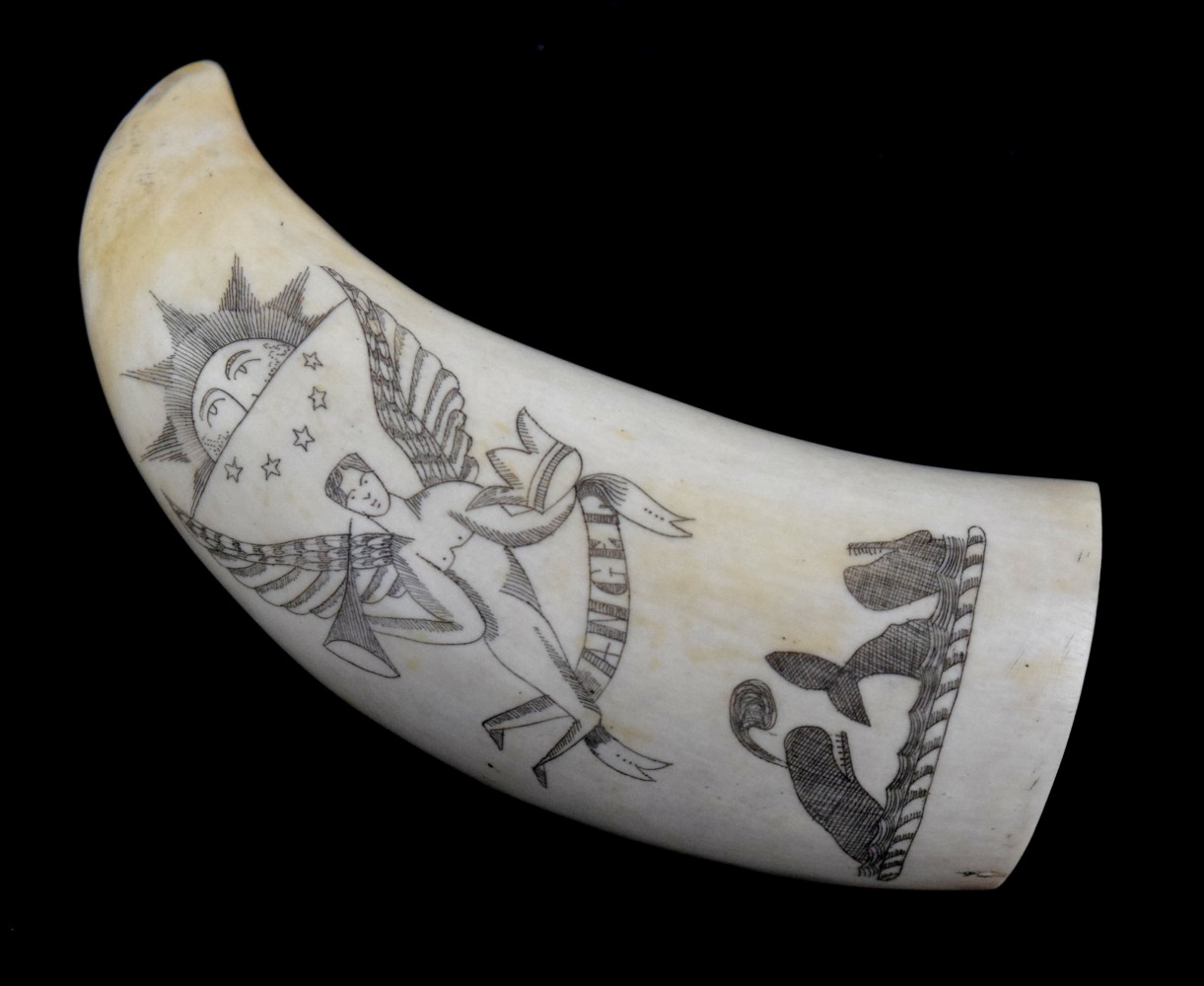 Whale Tooth Scrimshaw Angel and Whale Hand Carved Scene