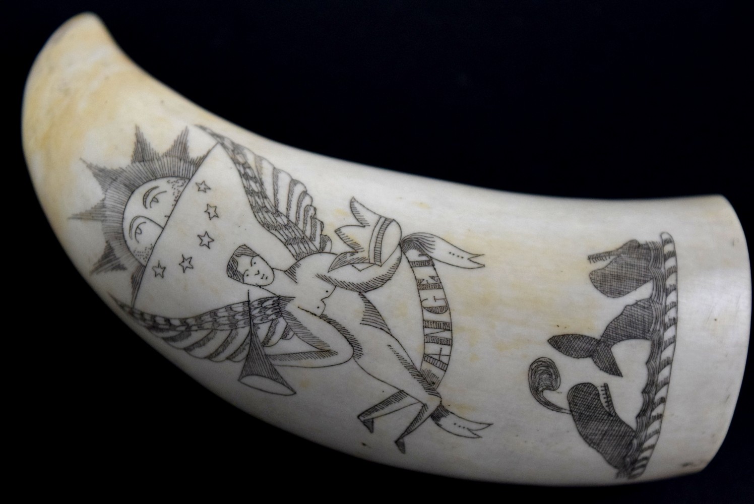 Whale Tooth Scrimshaw Angel and Whale Hand Carved Scene