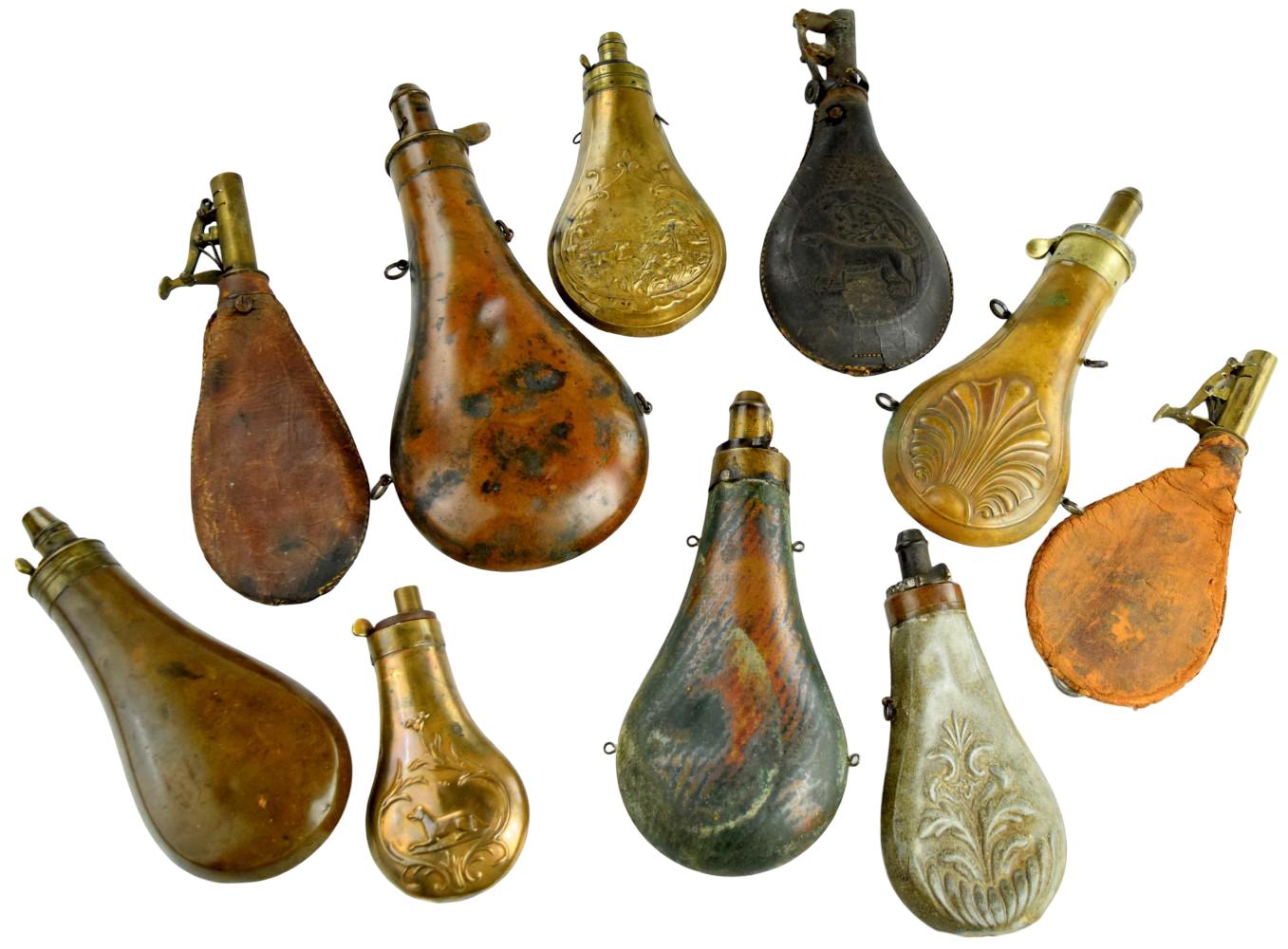 Lot of Ten Antique Assorted Powder Flasks