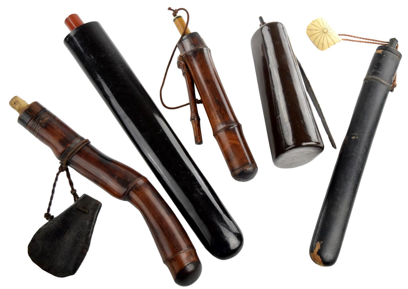 Collection of Five Japanese Edo Period Gunpowder Flasks, Powder Accessories and Smoking Implements