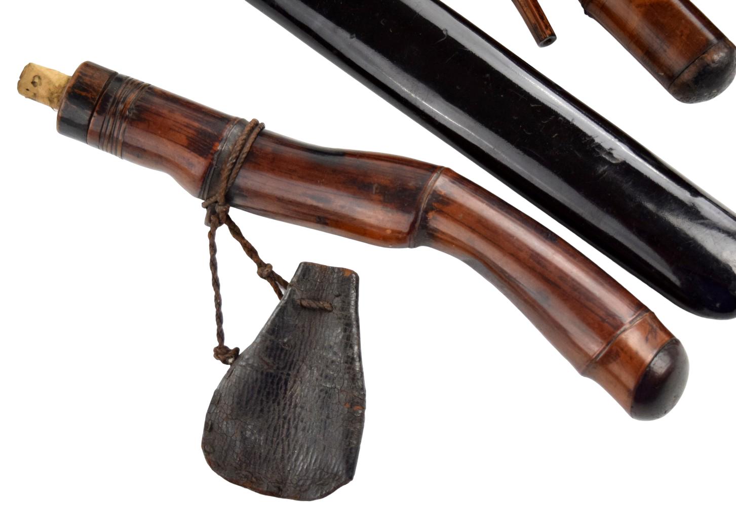 Collection of Five Japanese Edo Period Gunpowder Flasks, Powder Accessories and Smoking Implements