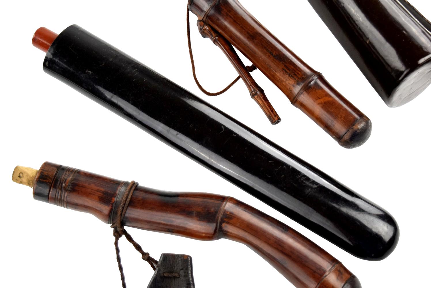 Collection of Five Japanese Edo Period Gunpowder Flasks, Powder Accessories and Smoking Implements