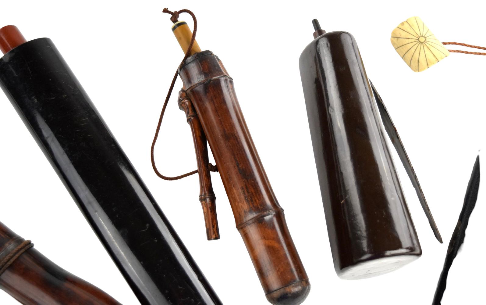 Collection of Five Japanese Edo Period Gunpowder Flasks, Powder Accessories and Smoking Implements