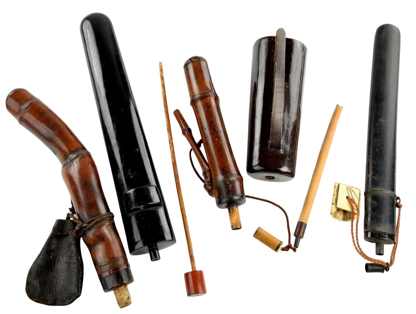 Collection of Five Japanese Edo Period Gunpowder Flasks, Powder Accessories and Smoking Implements