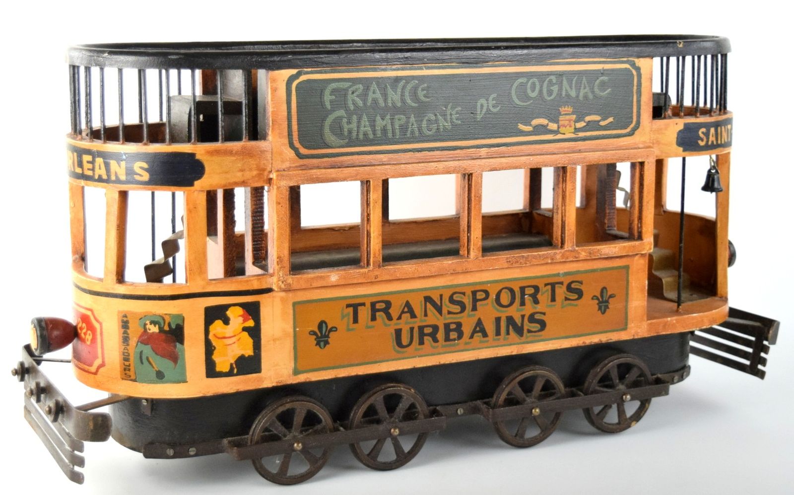 Vintage 1930s Wood & Cast Iron French Double Decker Street Trolley Bus