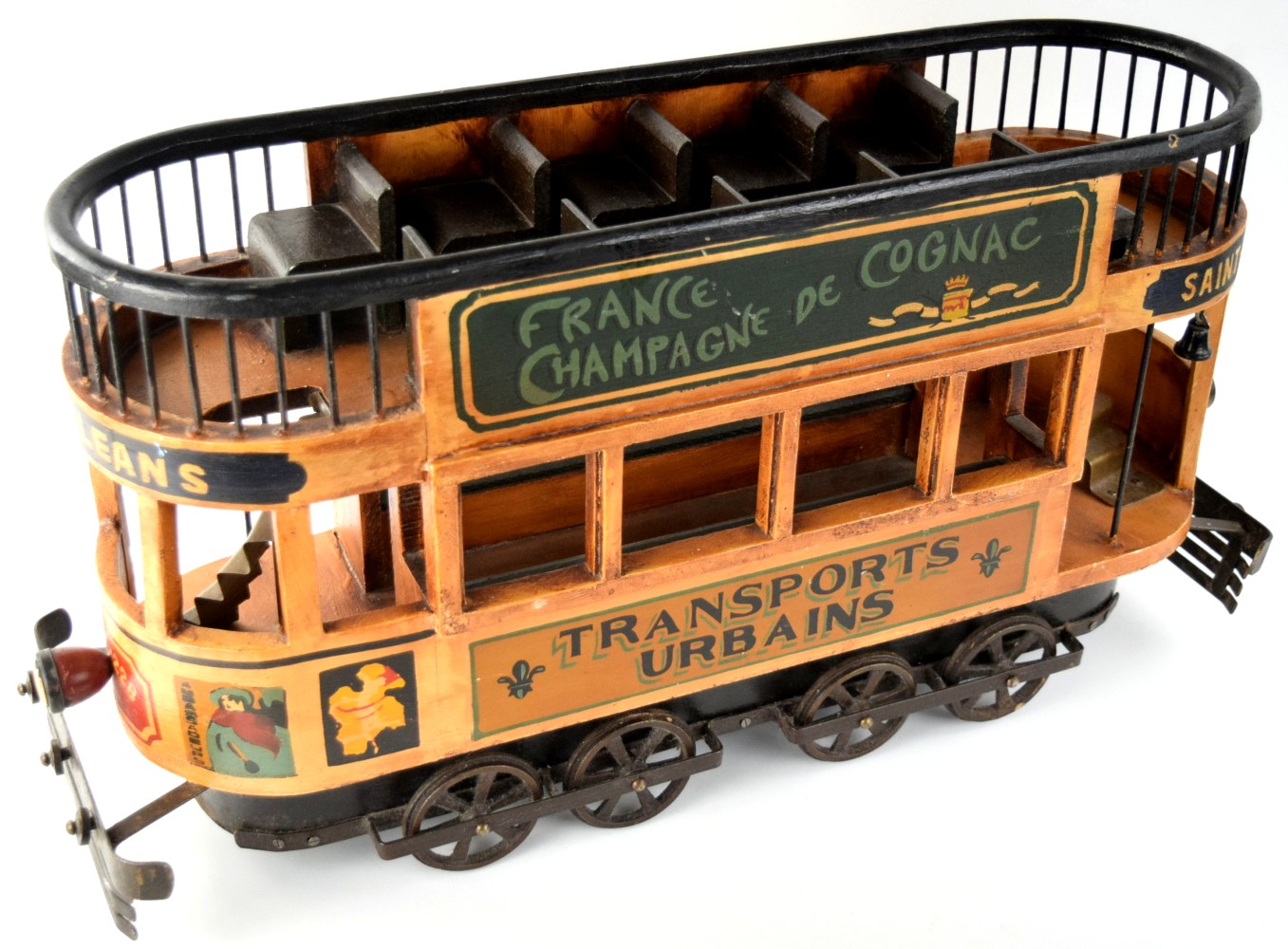 Vintage 1930s Wood & Cast Iron French Double Decker Street Trolley Bus
