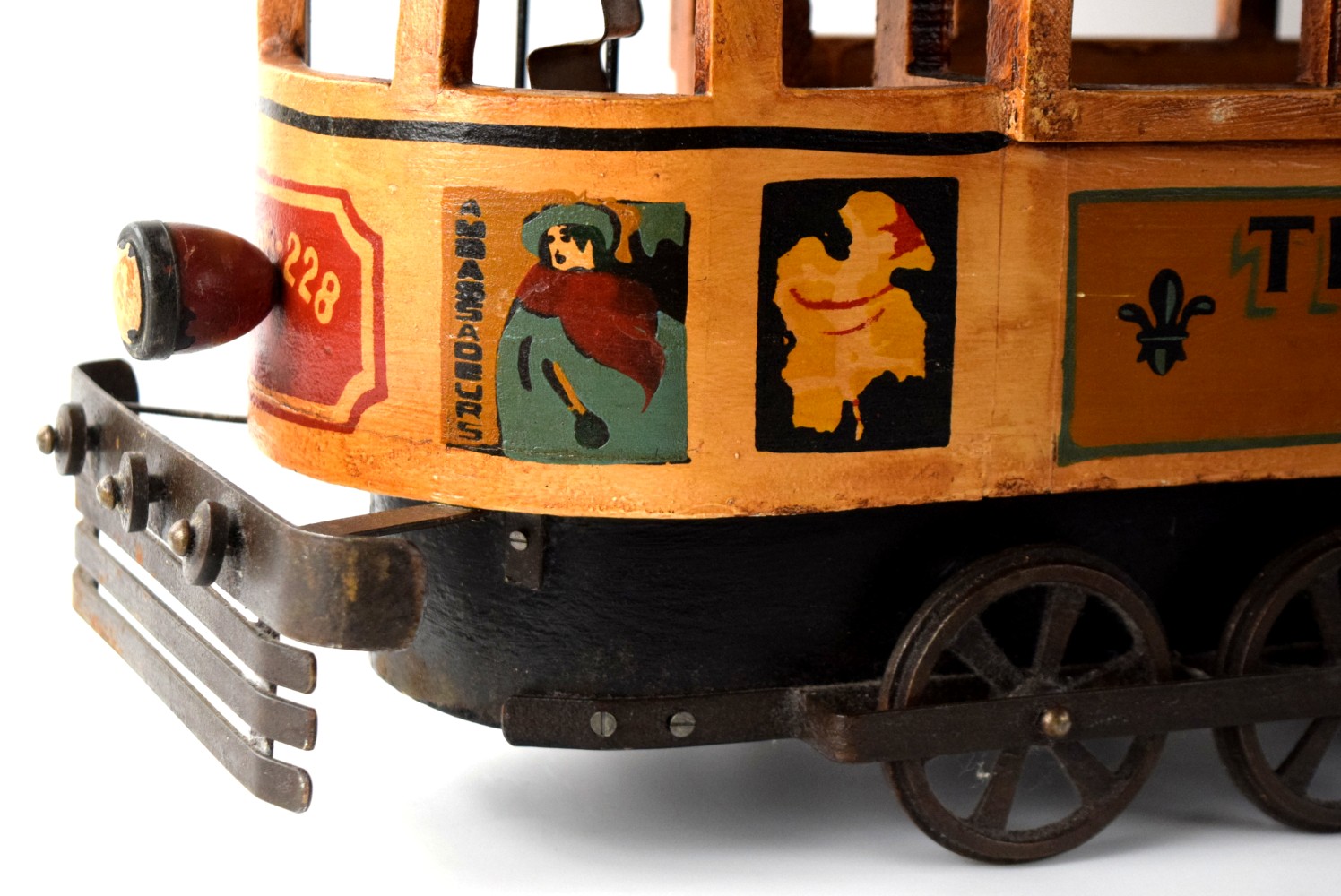 Vintage 1930s Wood & Cast Iron French Double Decker Street Trolley Bus