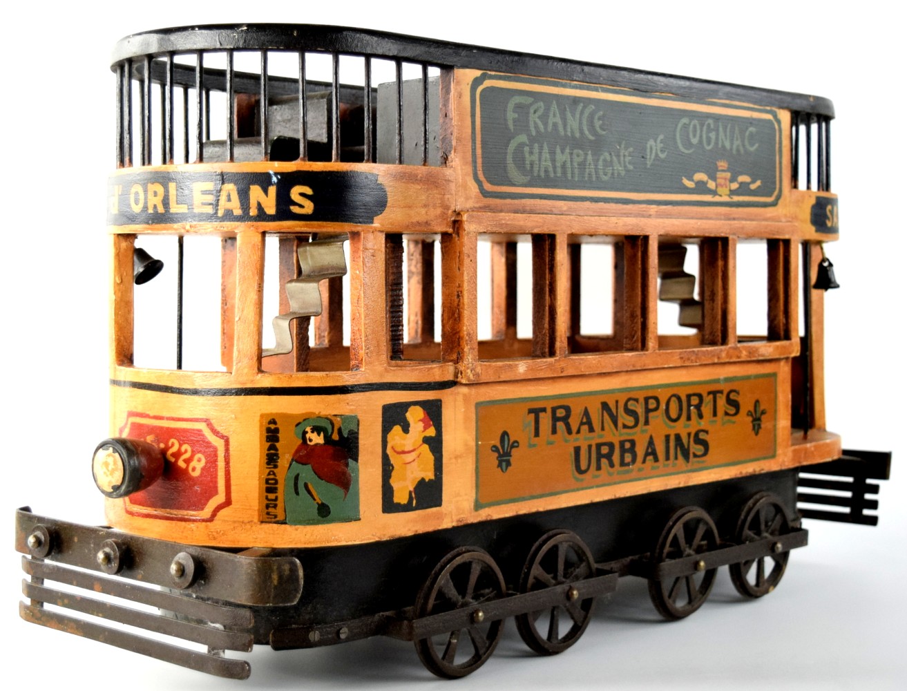 Vintage 1930s Wood & Cast Iron French Double Decker Street Trolley Bus