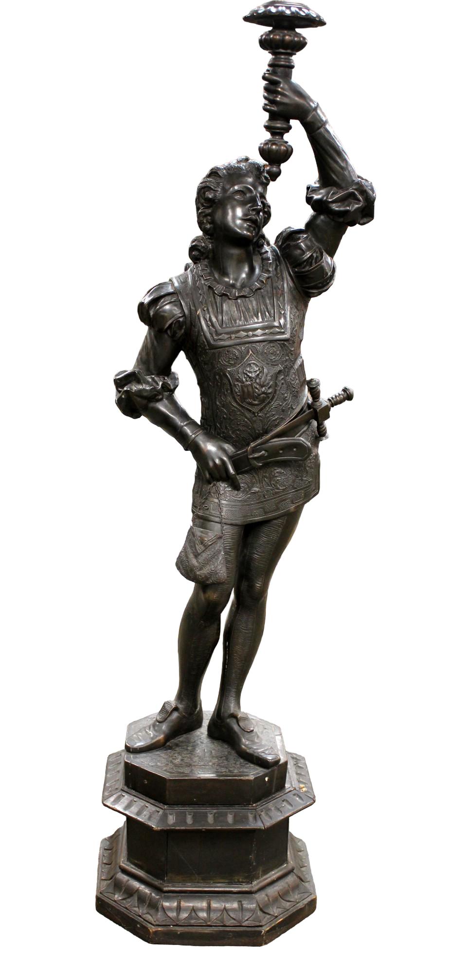 19th C Life Size Carved Wood Statue Of Renaissance Era Cavalier With Torch