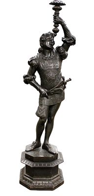 19th C Life Size Carved Wood Statue Of Renaissance Era Cavalier With Torch. Amazing 19th Century 