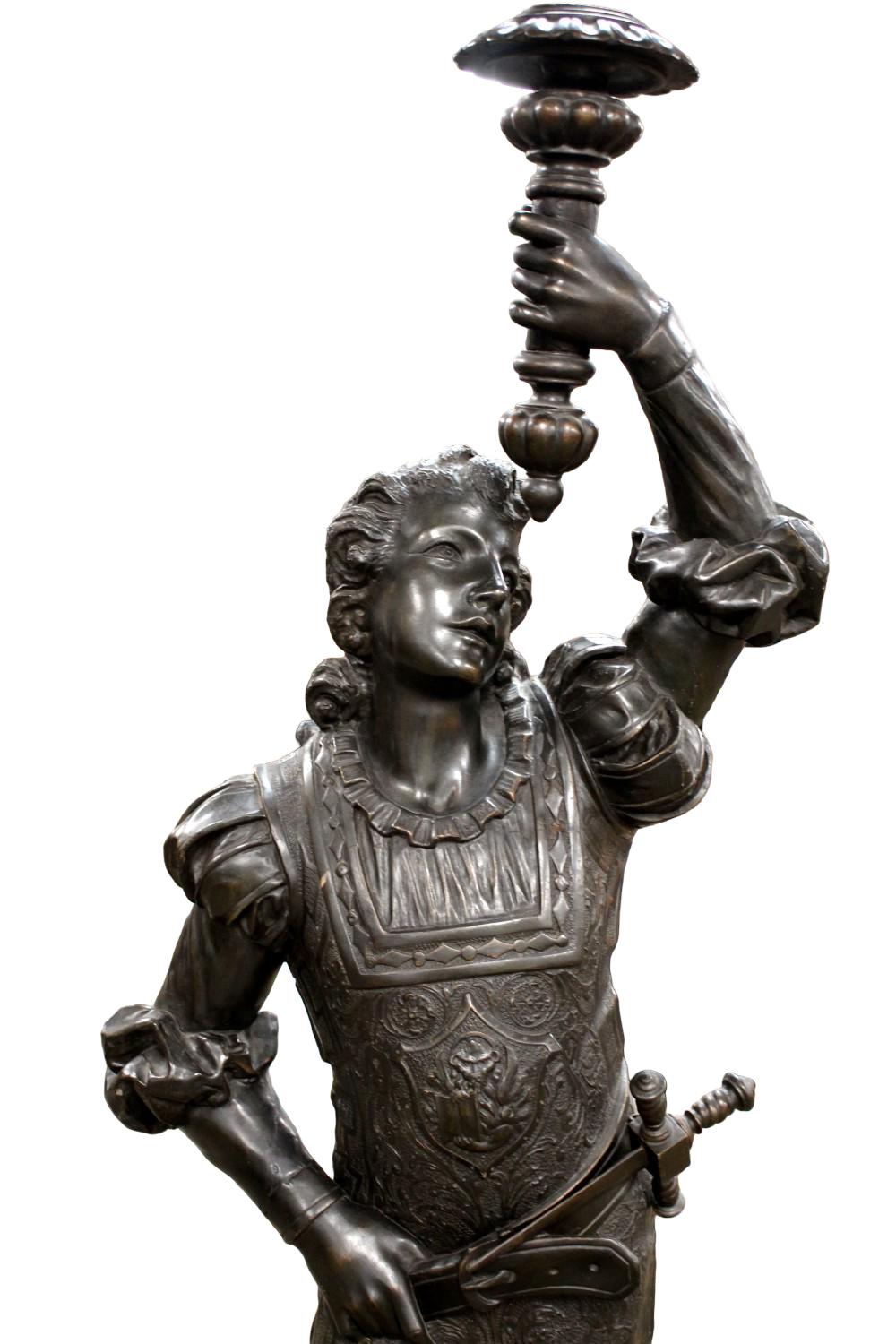 19th C Life Size Carved Wood Statue Of Renaissance Era Cavalier With Torch