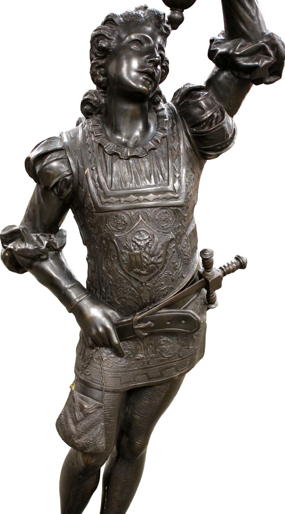 19th C Life Size Carved Wood Statue Of Renaissance Era Cavalier With Torch