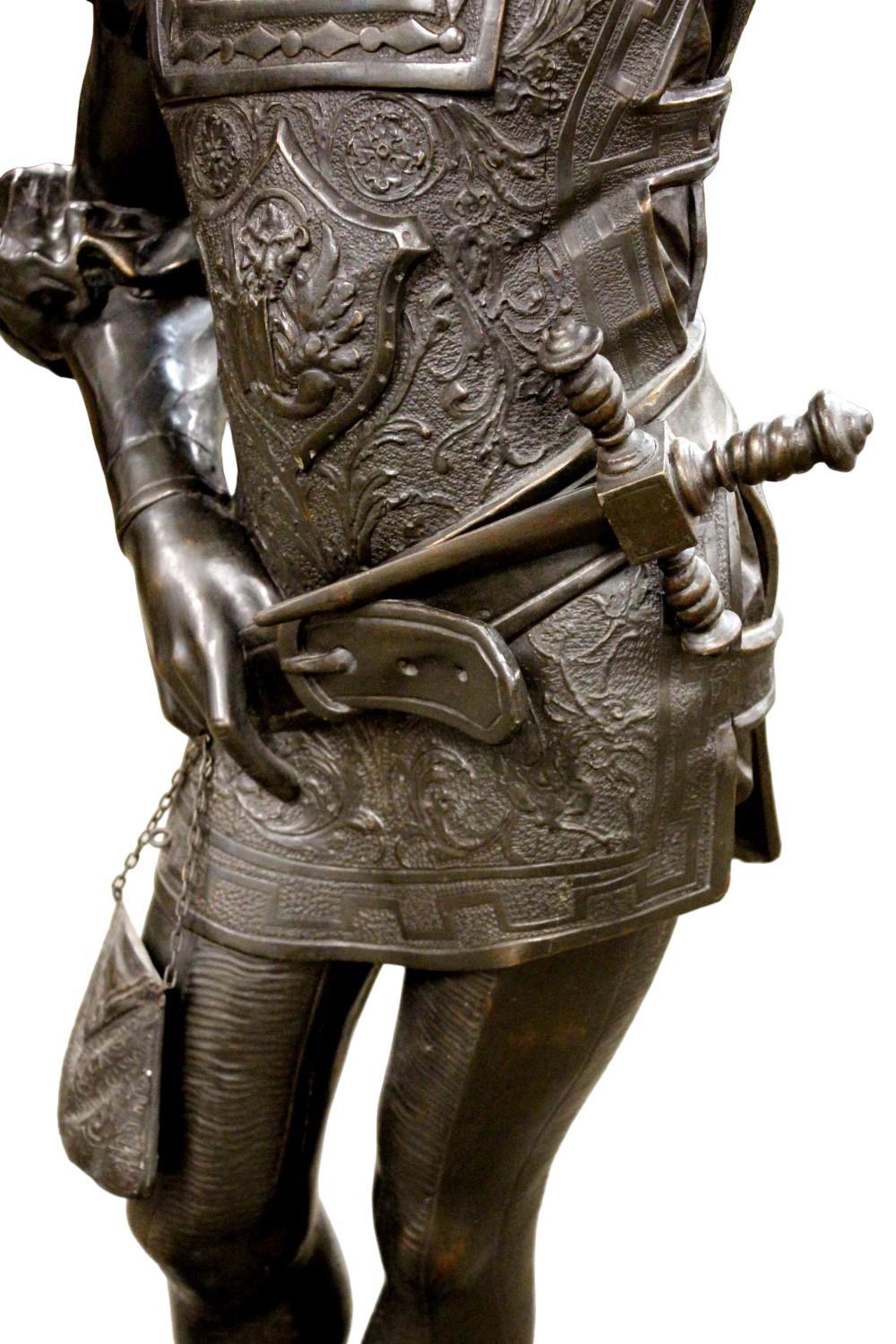 19th C Life Size Carved Wood Statue Of Renaissance Era Cavalier With Torch