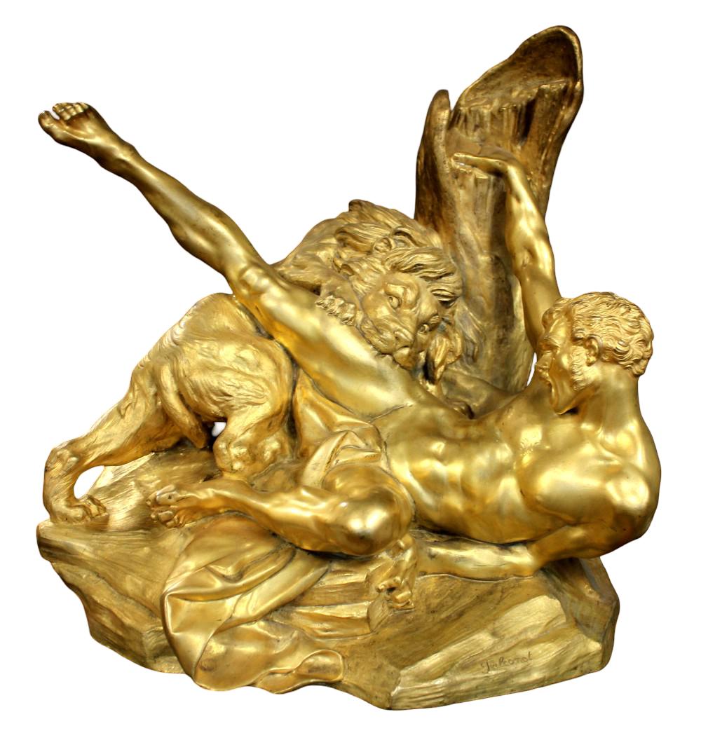 French 19th Century Bronze Figure Milo of Croton & Lion After Falconet
