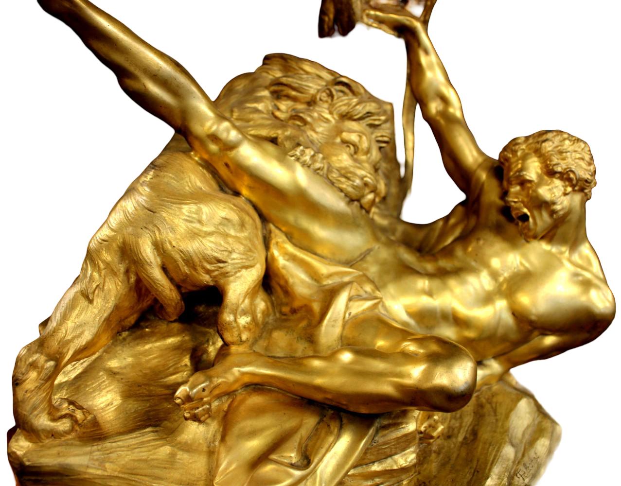 French 19th Century Bronze Figure Milo of Croton & Lion After Falconet