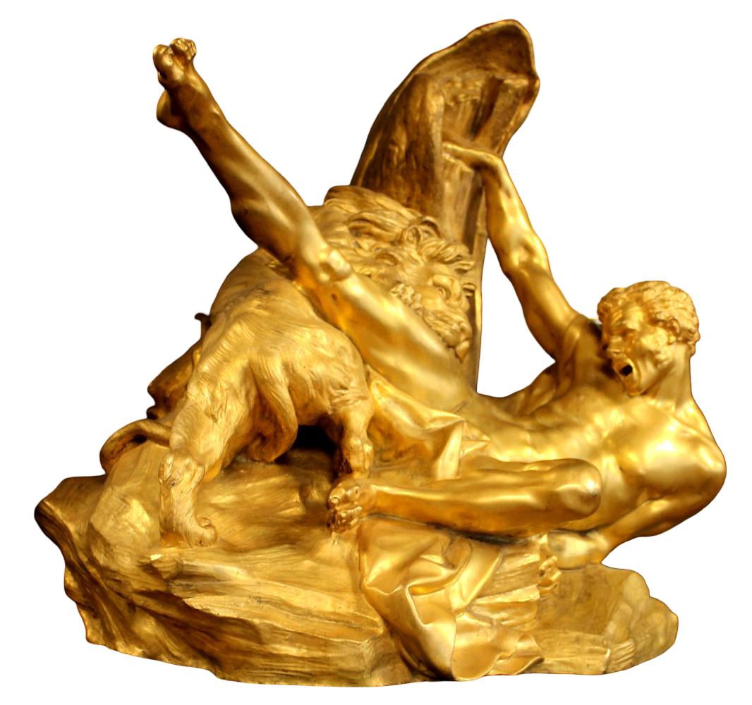 French 19th Century Bronze Figure Milo of Croton & Lion After Falconet