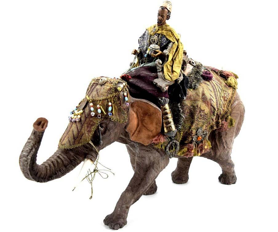 AWESOME LARGE ANTIQUE ISLAMIC ARABIC ARAB PAPIER MACHE WISEMAN ON ELEPHANT FIGURE. HIGHLY DETAILED AND ATTRACTIVE LARGE PIECE.
