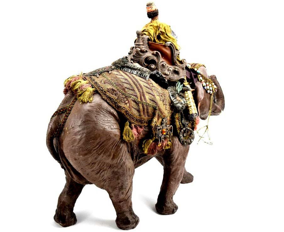 AWESOME LARGE ANTIQUE ISLAMIC ARABIC ARAB PAPIER MACHE WISEMAN ON ELEPHANT FIGURE. HIGHLY DETAILED AND ATTRACTIVE LARGE PIECE.