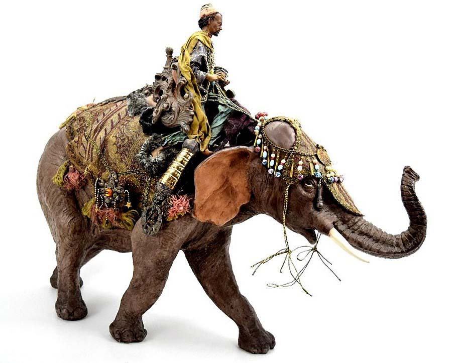 AWESOME LARGE ANTIQUE ISLAMIC ARABIC ARAB PAPIER MACHE WISEMAN ON ELEPHANT FIGURE. HIGHLY DETAILED AND ATTRACTIVE LARGE PIECE.