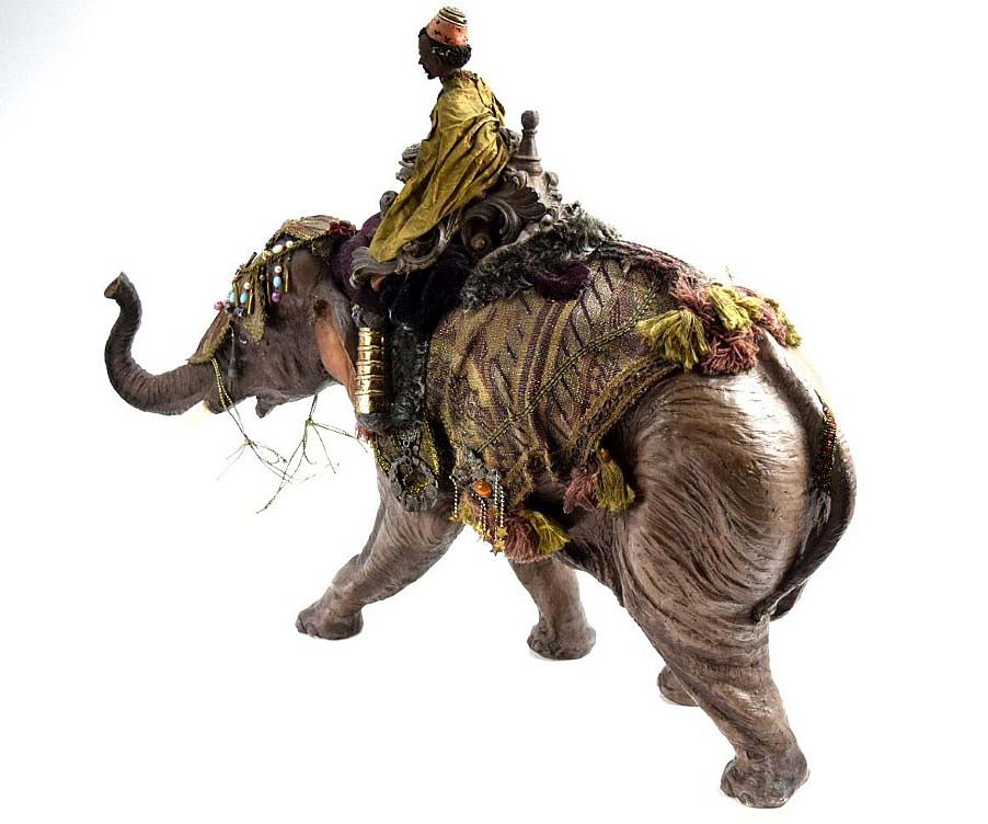 AWESOME LARGE ANTIQUE ISLAMIC ARABIC ARAB PAPIER MACHE WISEMAN ON ELEPHANT FIGURE. HIGHLY DETAILED AND ATTRACTIVE LARGE PIECE.