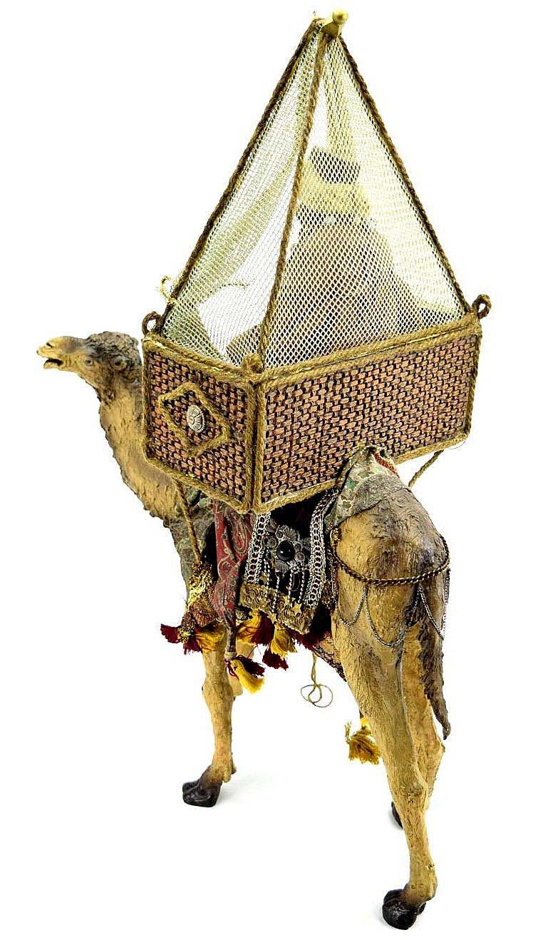 AWESOME LARGE ANTIQUE ISLAMIC ARABIC ARAB PAPIER MACHE WISEMAN ON CAMEL, A HIGHLY DETAILED AND ATTRACTIVE LARGE PIECE.