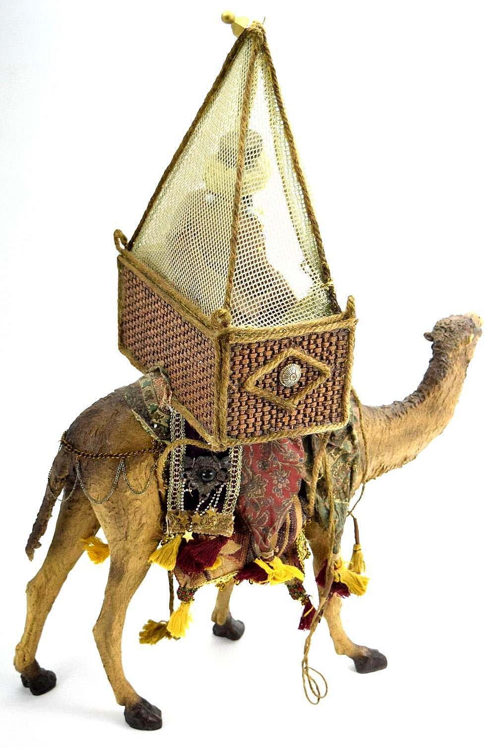 AWESOME LARGE ANTIQUE ISLAMIC ARABIC ARAB PAPIER MACHE WISEMAN ON CAMEL, A HIGHLY DETAILED AND ATTRACTIVE LARGE PIECE.
