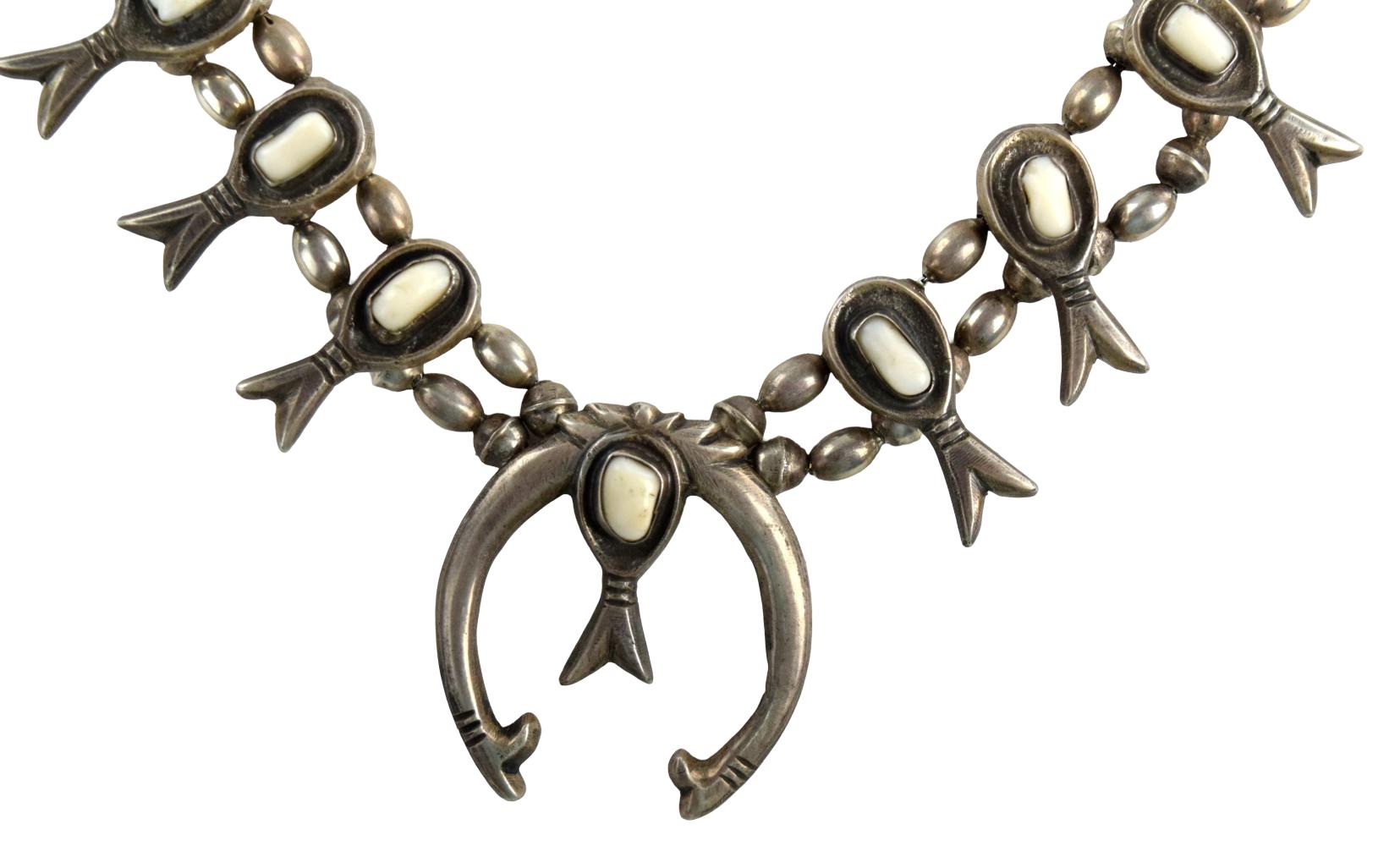 Old Pawn Native American White Turquoise Squash Blossom Necklace